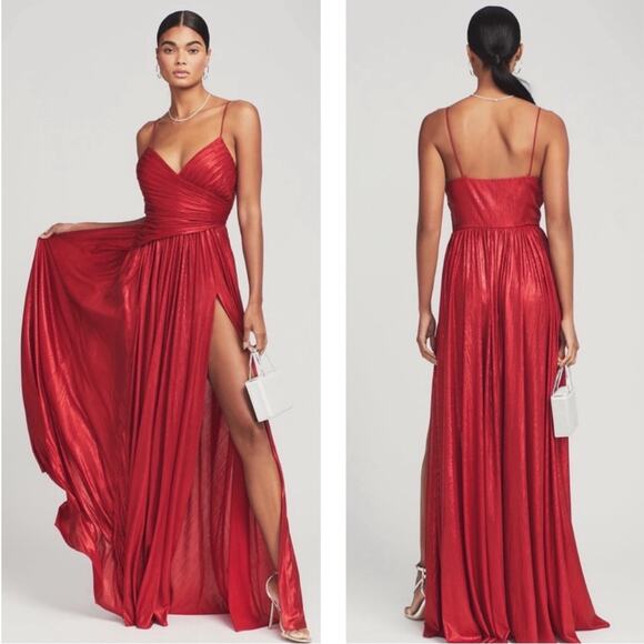 Retrofete Doss Ruched Draped Metallic Lame Red Maxi Dress Size Medium - Picture 1 of 9